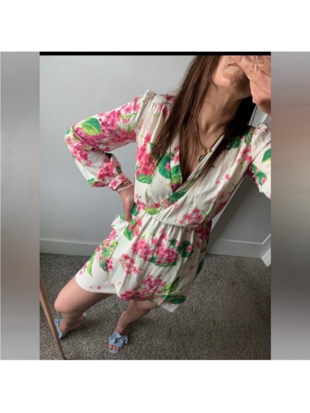 Floral Faux Wrap Long Sleeve mini Dress Sz S V Neck white pink green